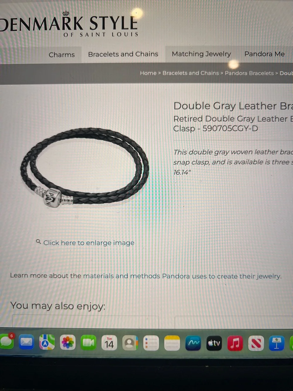 Pandora Double Metallic Light Grey Leather Bracelet Sterling Silver 15”